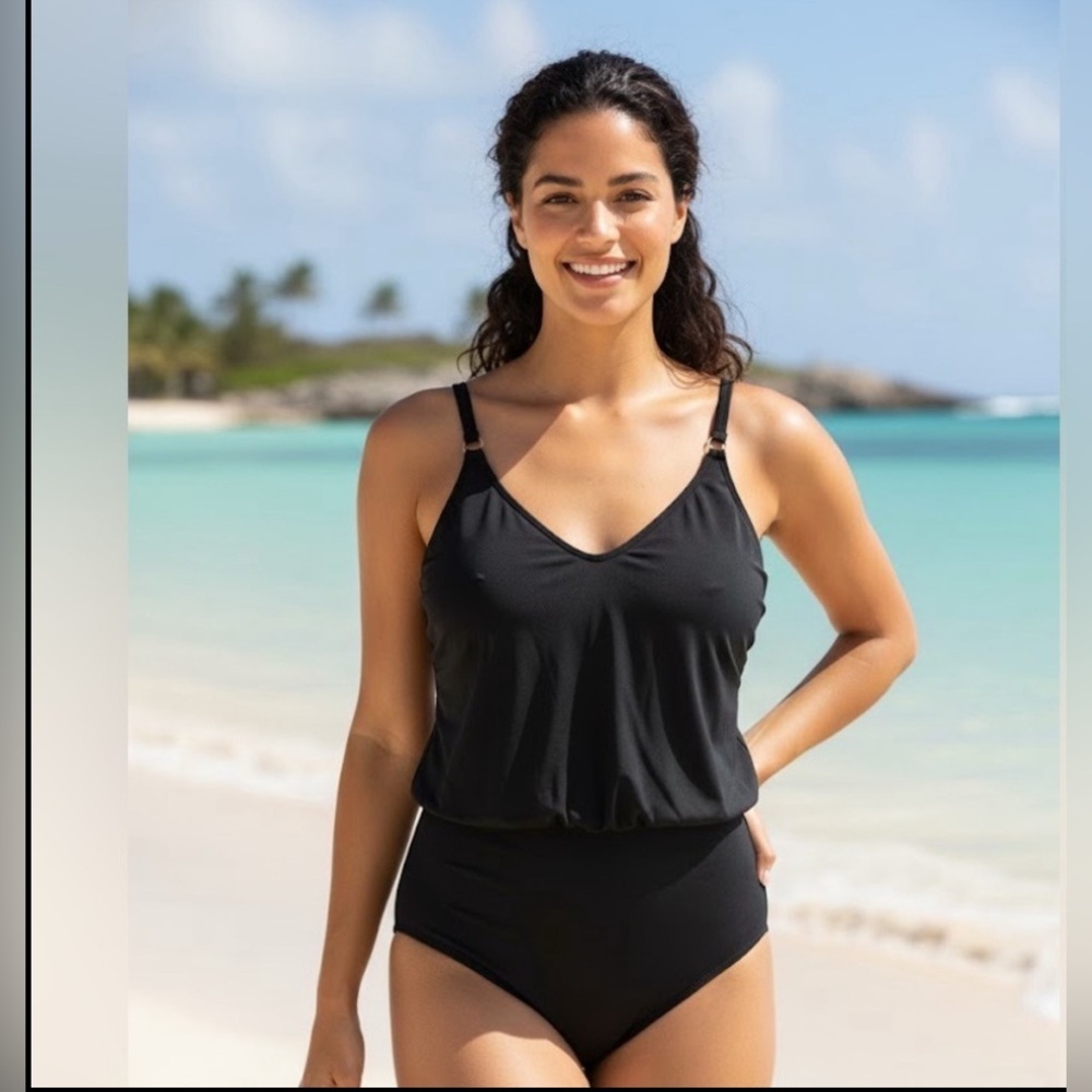 Gottex Womens V-Neck Blouson One Piece Swimsuit, Size 10